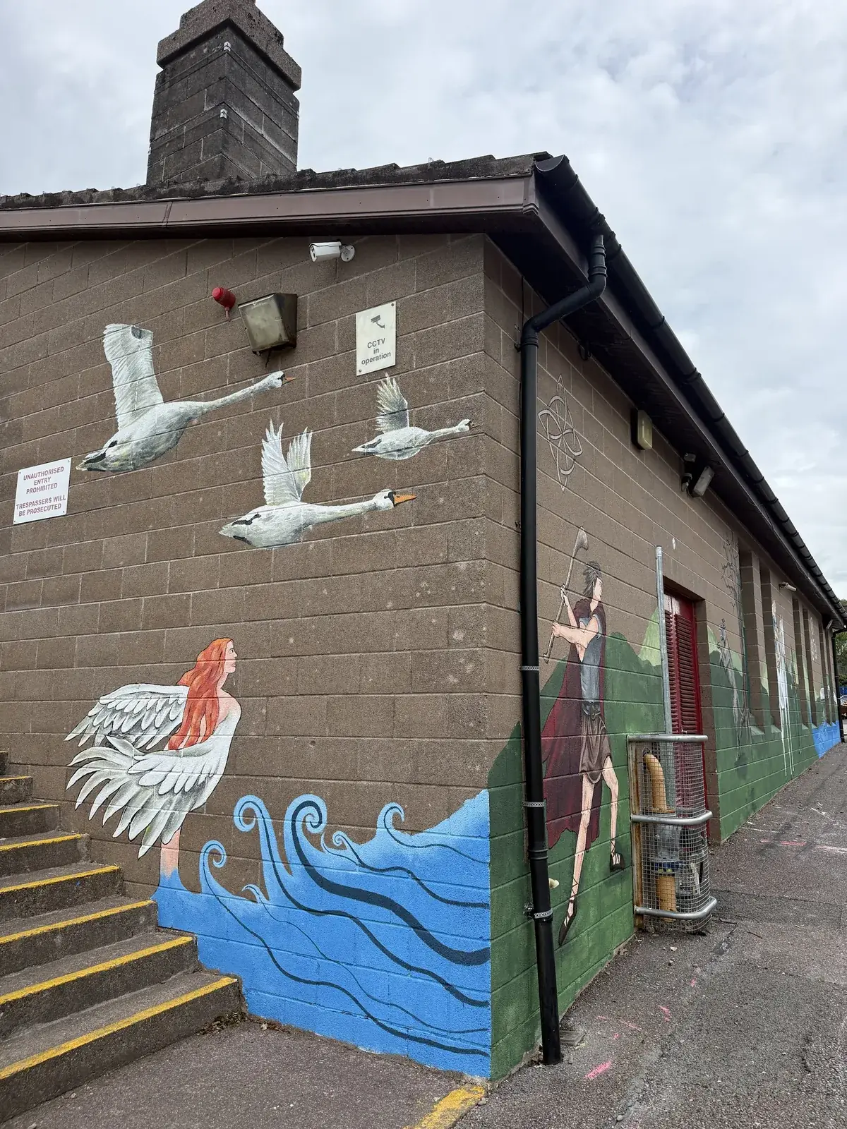 Children of Lir swans painted around the corner of a school wall
